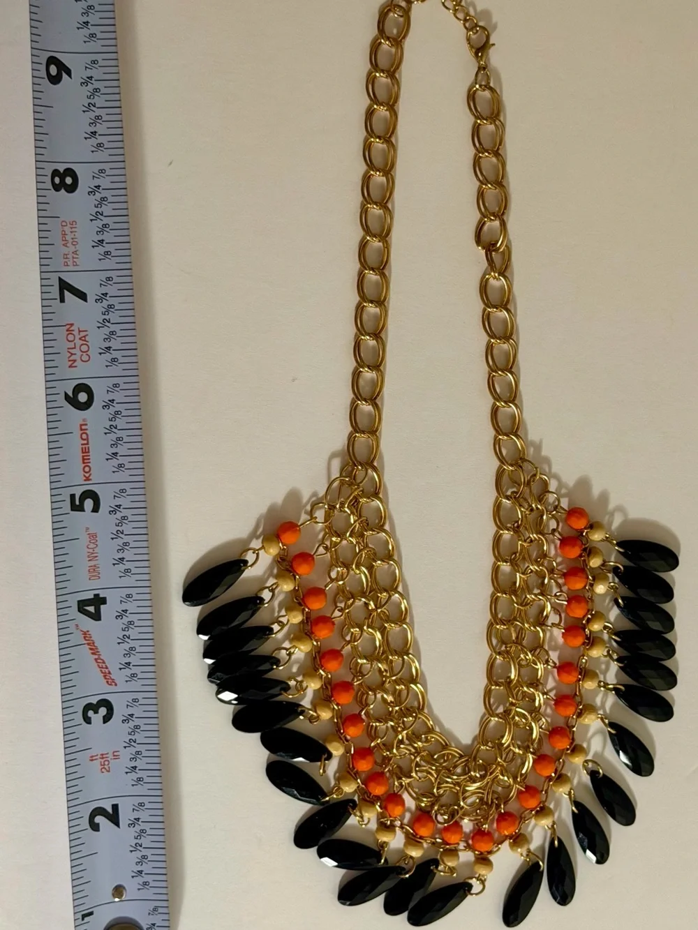 Gold Tone Black Teardrop Orange Beaded Layered Bib Statement Chunky Necklace VG